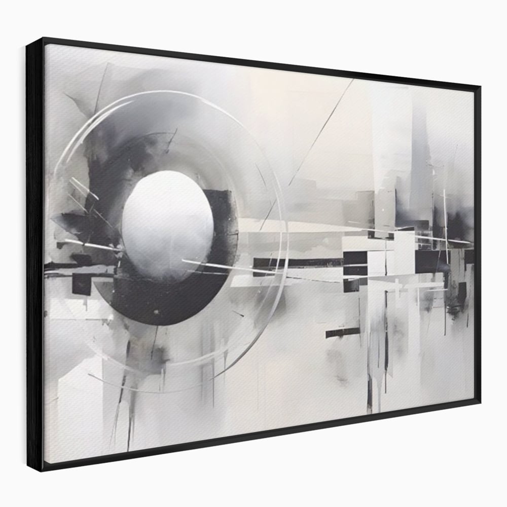 Tablou canvas cu pictura abstracta cu sfera si cercuri, in rama de aluminiu negru